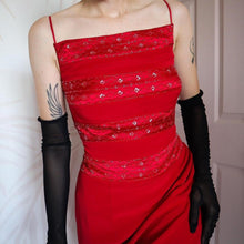 Load image into Gallery viewer, Red Vintage John Charles Beaded Sheer Back Evening Dress UK 14
