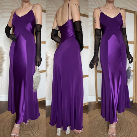 Purple satin panel slip evening gown UK 10-12