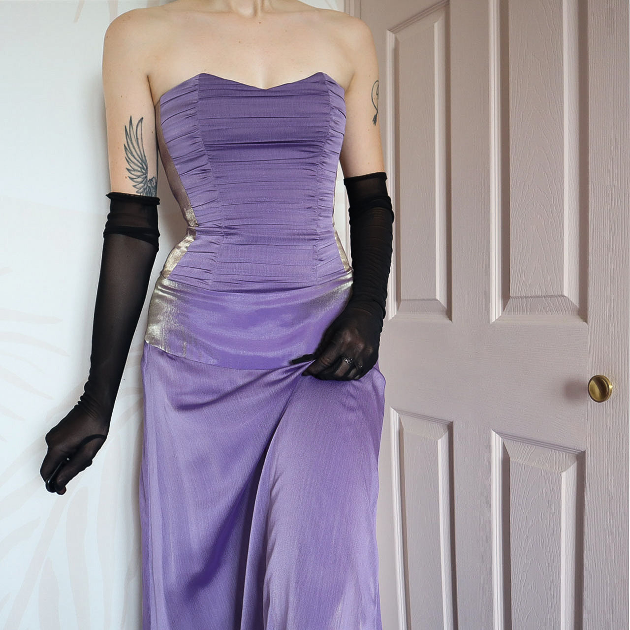 Purple strapless Charas lace up evening gown UK 6/8