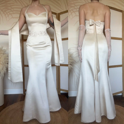 Cream halter-neck wedding dress & shawl uk 14