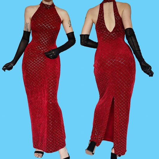 Red stretch high neck glittery evening dress UK 10