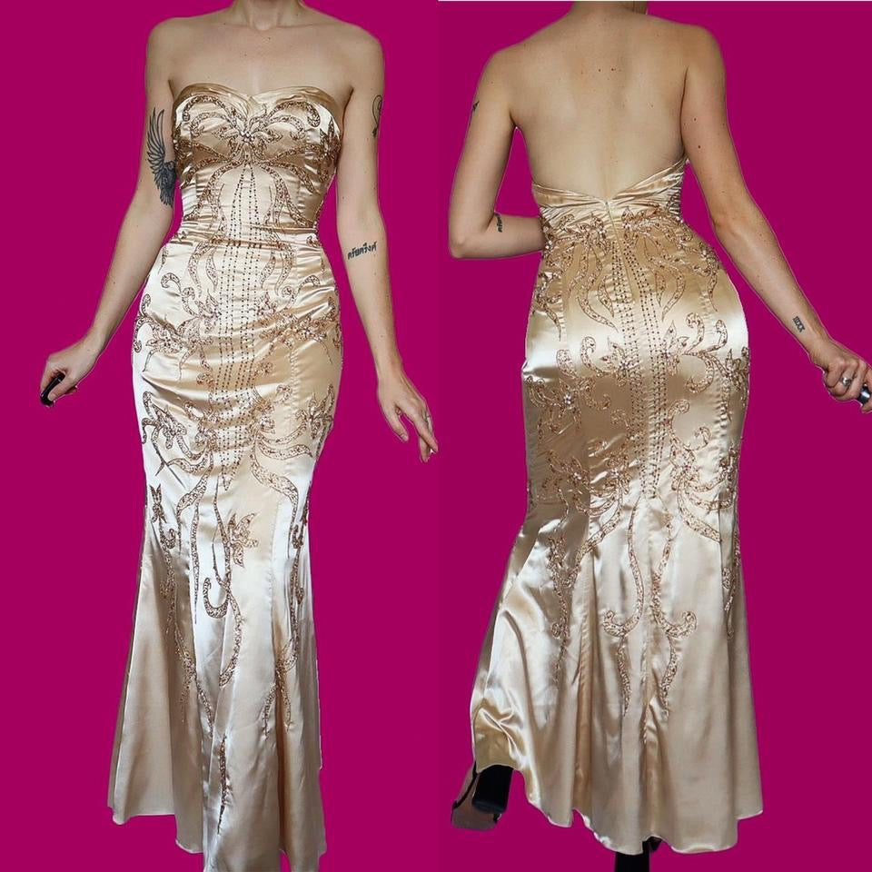YVE London gold beaded strapless gown & shawl UK 12