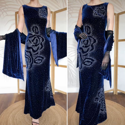 Frank Usher navy velvet beaded dress & shawl uk 14
