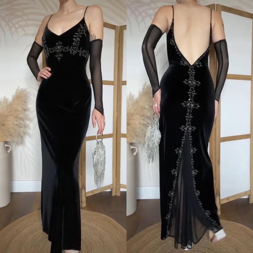 Dave & Johnny black velvet beaded 90s dress uk 10