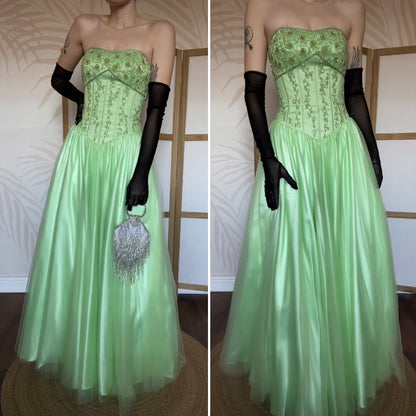 Bright green Tiffany Bling strapless a-line beaded prom dress UK 8