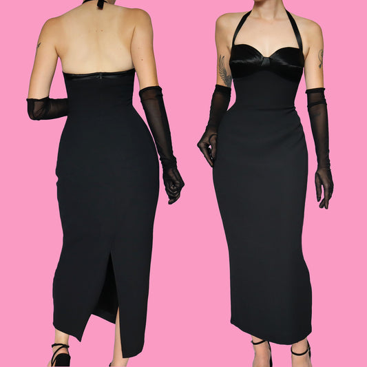 Black halter-neck fitted evening dress UK 12