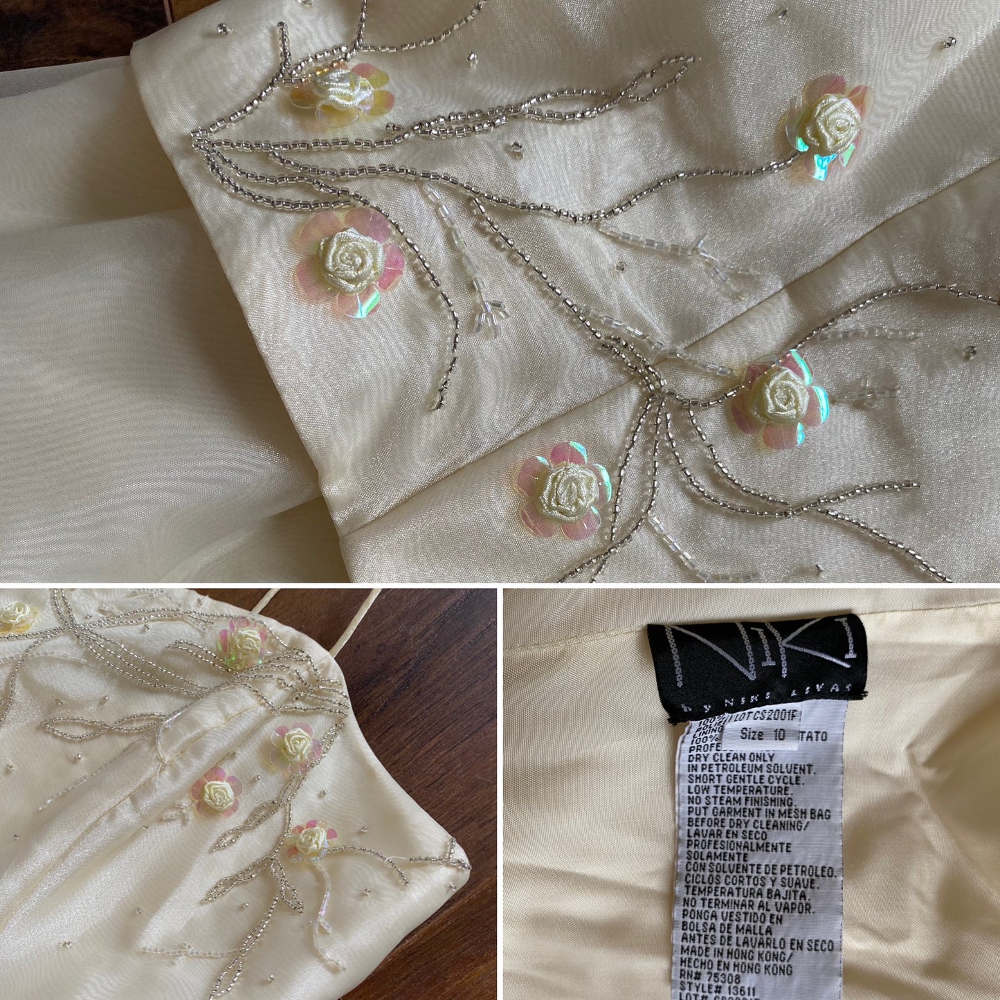 Niki Livas pale yellow organza prom dress & shawl UK 12