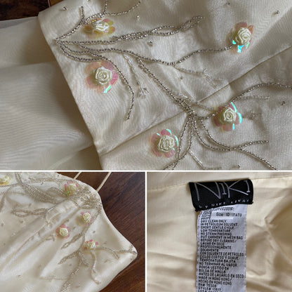 Niki Livas pale yellow organza prom dress & shawl UK 12