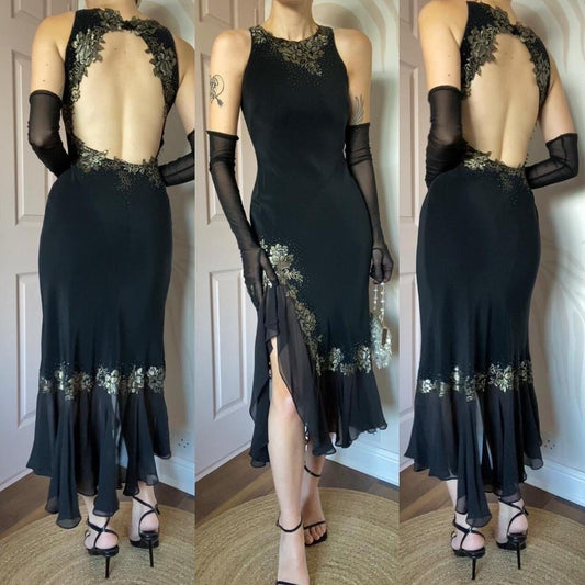 Black open back lace midi dress UK 6-8