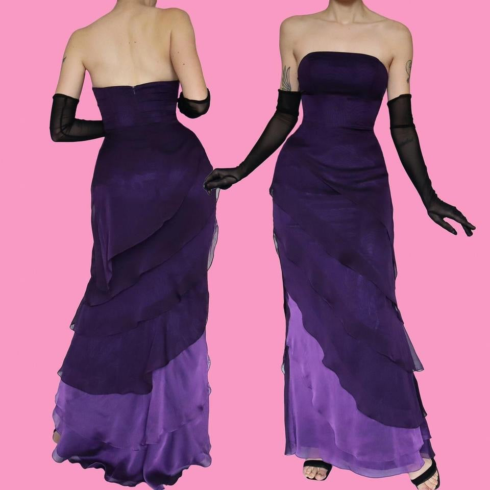 Vintage Niki Livas purple strapless layered gown UK 12