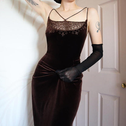 Vintage 90s Dave & Johnny Brown Velvet Beaded Evening Gown UK Size 16