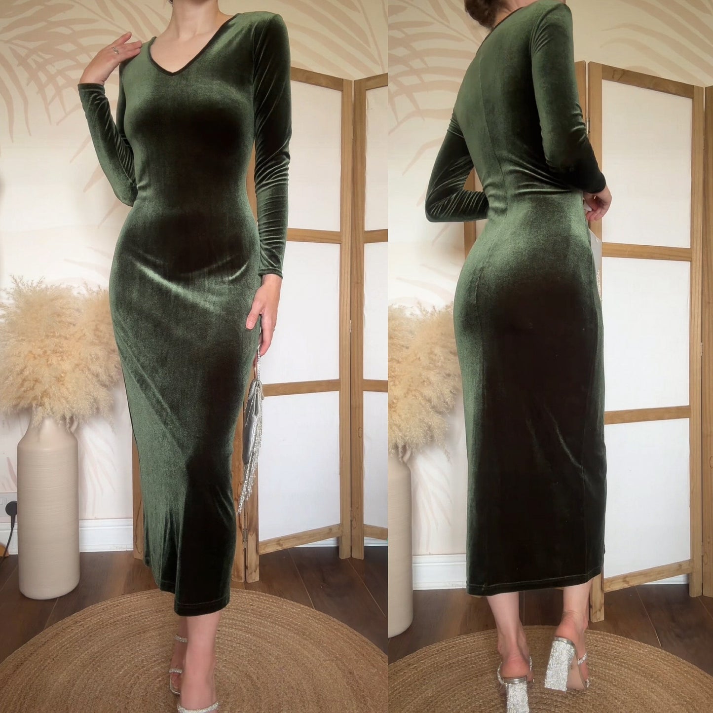 Green velvet stretch long sleeve dress uk 12