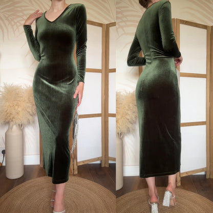 Green velvet stretch long sleeve dress uk 12