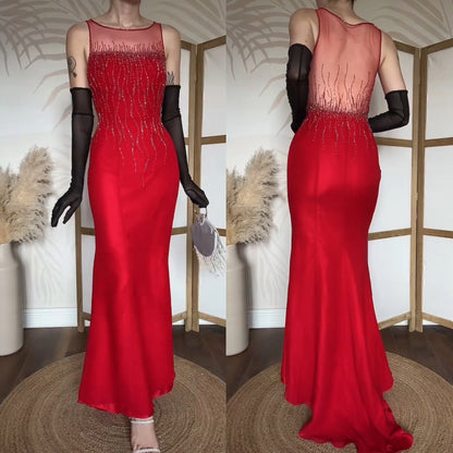 Red 100% silk red beaded evening dress uk 10