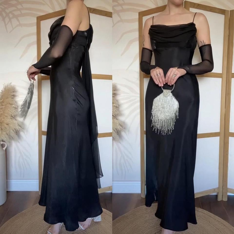 Silky black chiffon detail prom dress uk 14