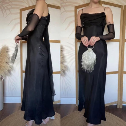 Silky black chiffon detail prom dress uk 14