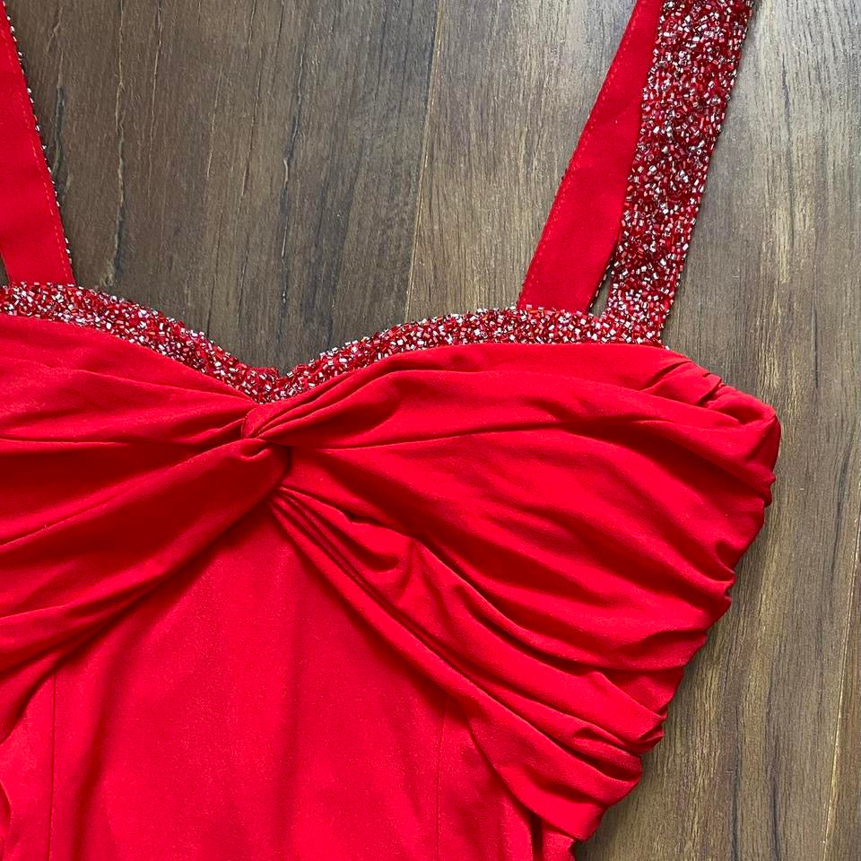 Niki Livas red stretch beaded evening dress UK 12