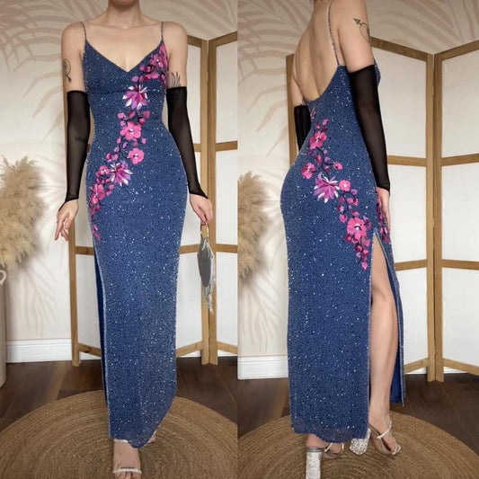 Blue silk beaded floral evening dress UK 12-14
