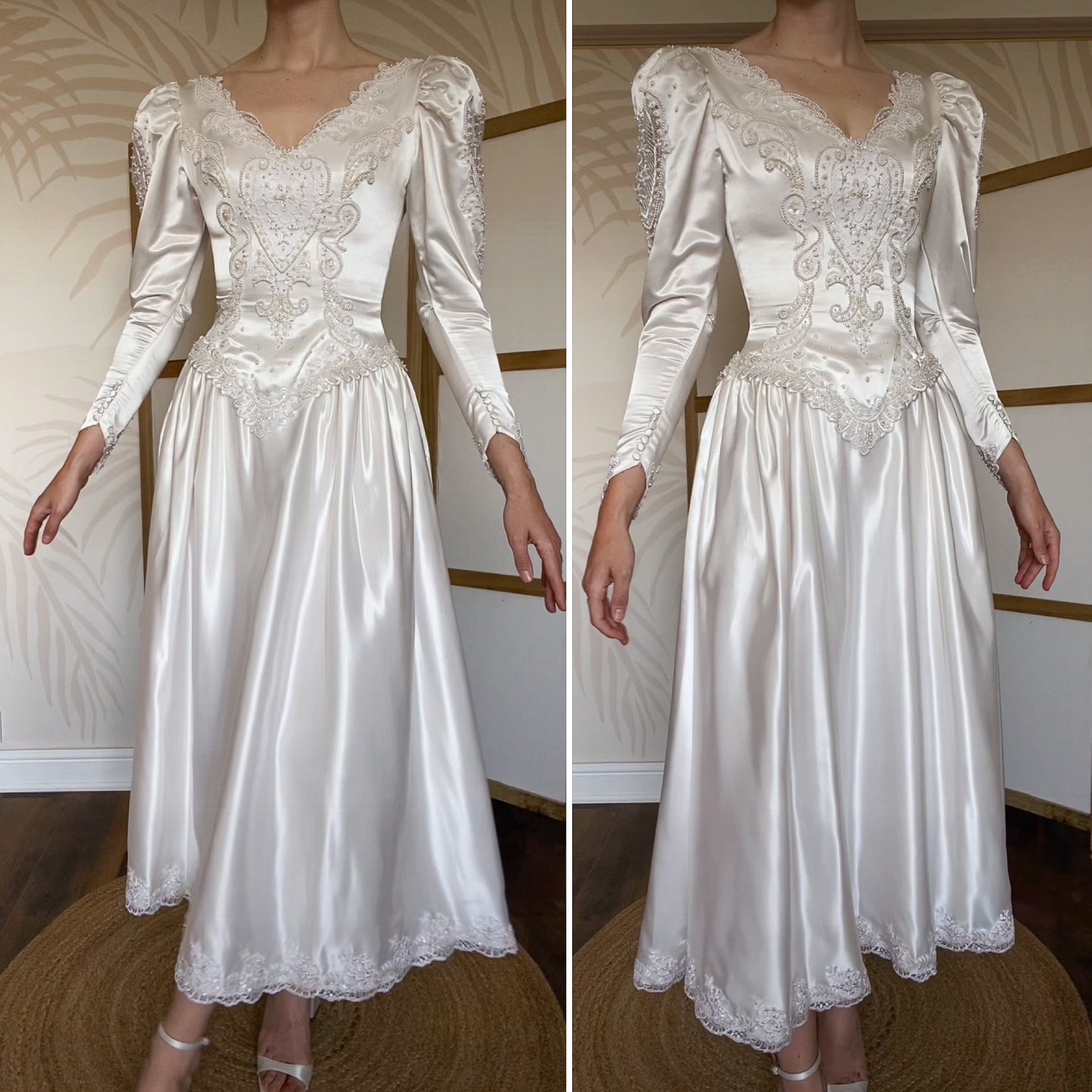 Ivory 80s satin long sleeve midi dress uk 8