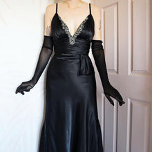 Load image into Gallery viewer, Dave &amp; Johnny 90s Black Satin Evening Gown Prom Dress UK Size 8, 10 &amp; 14
