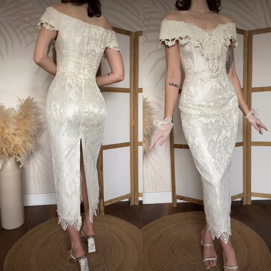 Scott McClintock petite ivory lace cold shoulder wedding dress uk 10-12