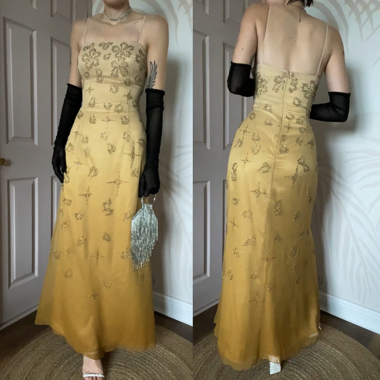 100% silk Goya tan/yellow beaded evening dress UK 14-16