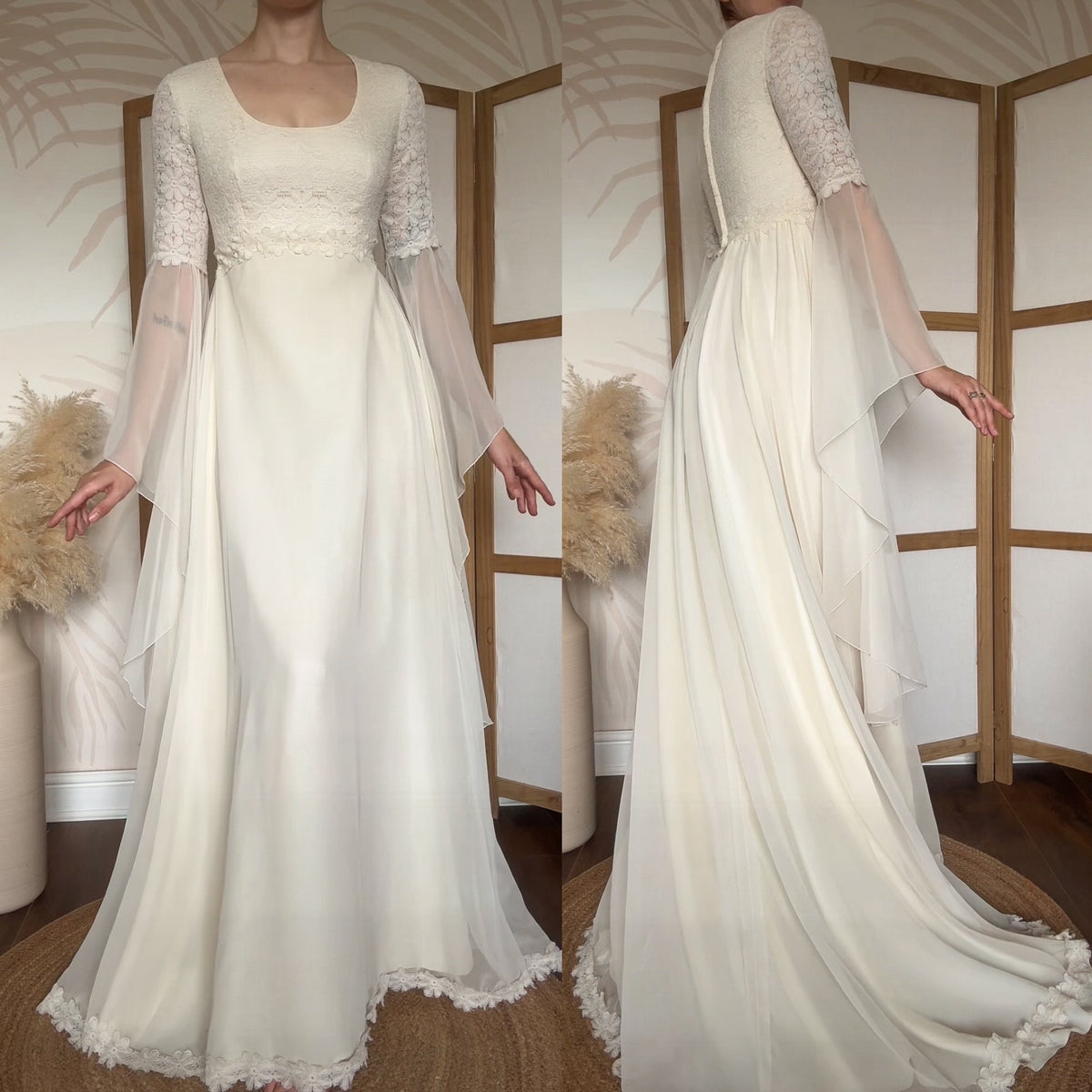 70s long sleeve floral lace wedding dress uk 8-10