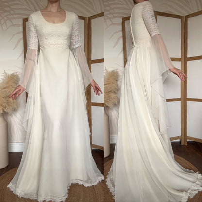 70s long sleeve floral lace wedding dress uk 8-10