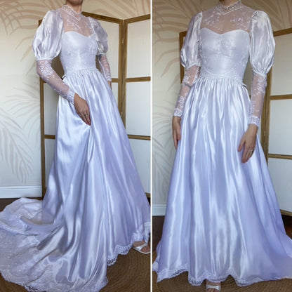 White satin & lace 80s wedding dress UK 6-8/XS