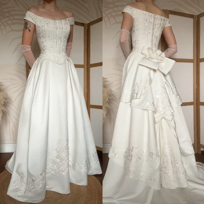 Ivory off shoulder fit & flare wedding dress uk 12