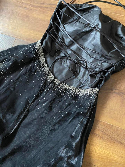 Black beaded lace back a-line prom dress uk 10