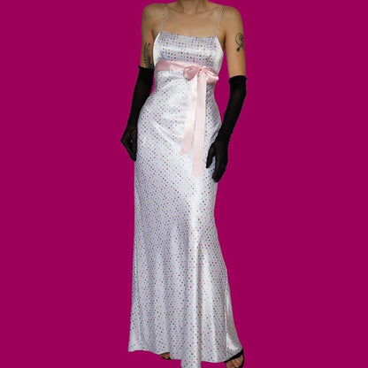 White polka dot silky evening dress UK 10