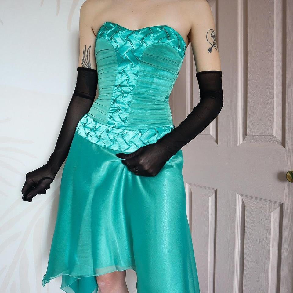 Teal strapless lace up midi dress UK 8-10