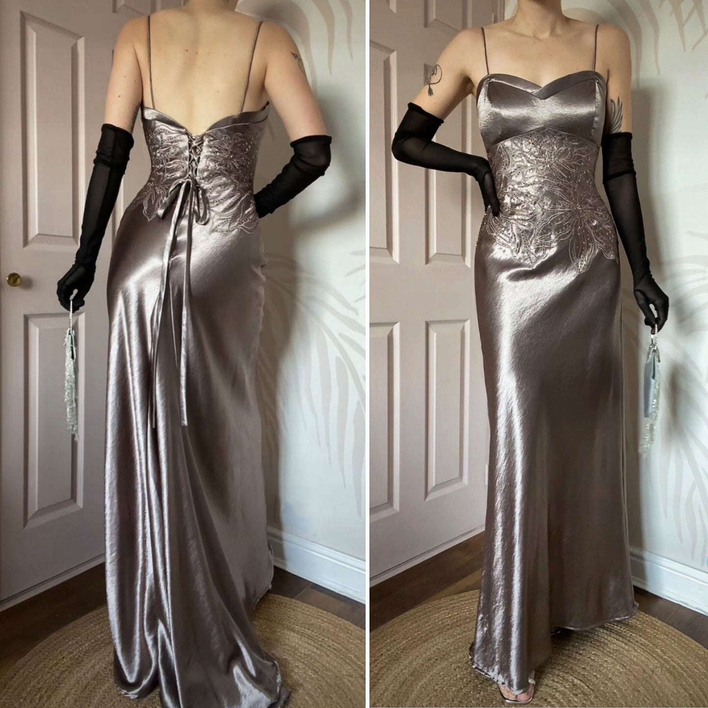 Shimmery Niki Livas silver evening gown UK 10