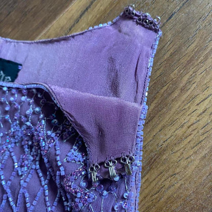 Purple 100% silk beaded evening dress uk 10-12