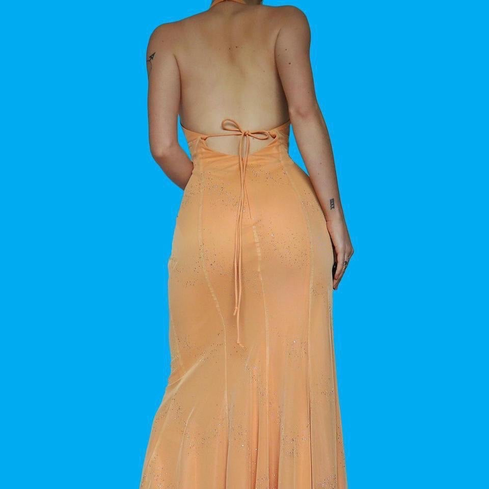 Light orange stretch glittery halter neck dress UK 14