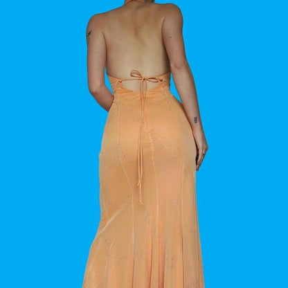 Light orange stretch glittery halter neck dress UK 14