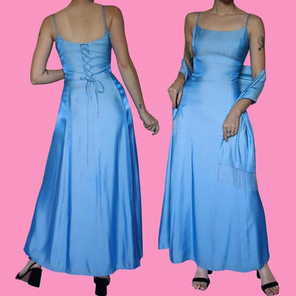 Debut ice blue a-line beaded dress & shawl UK 10