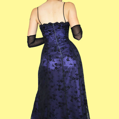 Purple glittery floral beaded evening prom dress UK 14