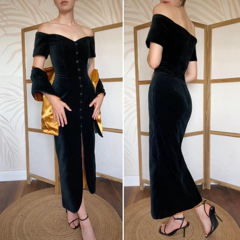 Debut cold shoulder black velvet evening dress & shawl uk 12