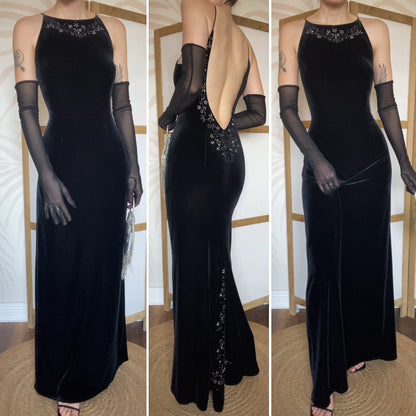 Dave & Johnny black low back velvet evening dress UK 14
