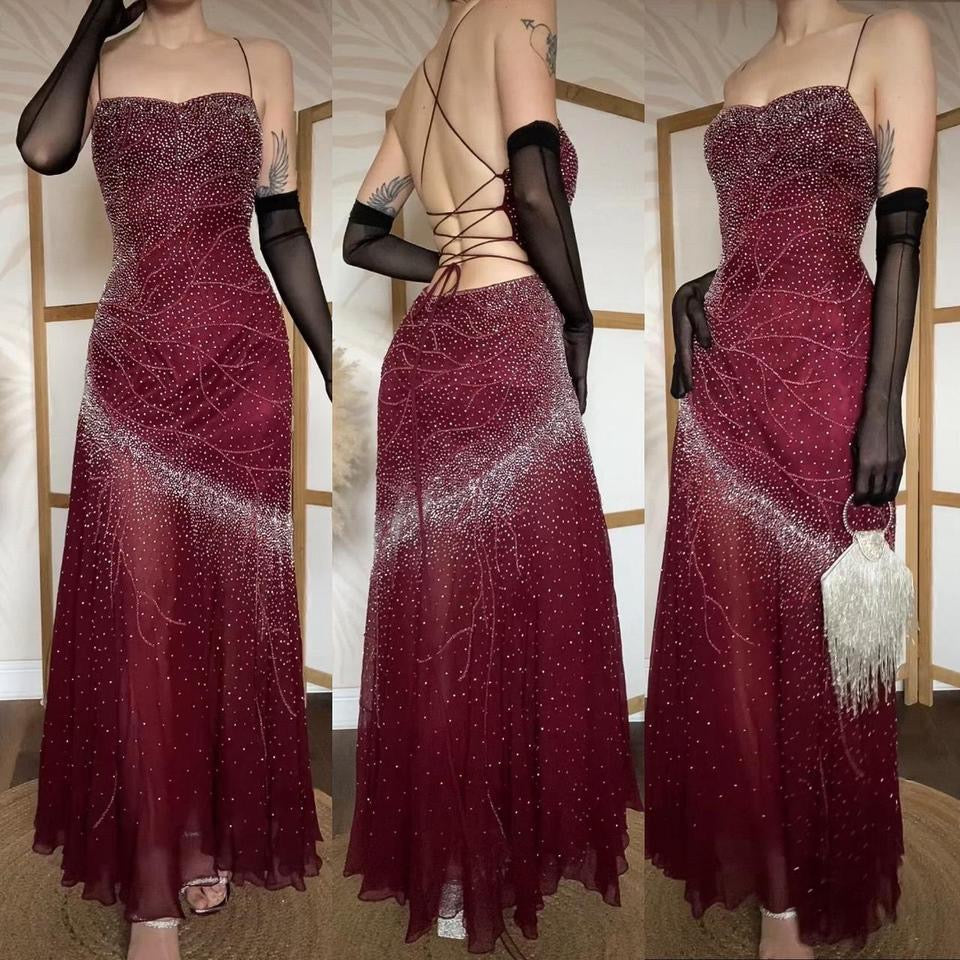 Burgundy vintage 100% silk beaded evening dress uk 14
