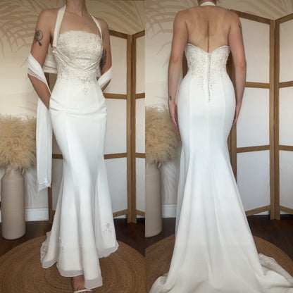 Ivory halter-neck lace wedding dress & shawl uk 8