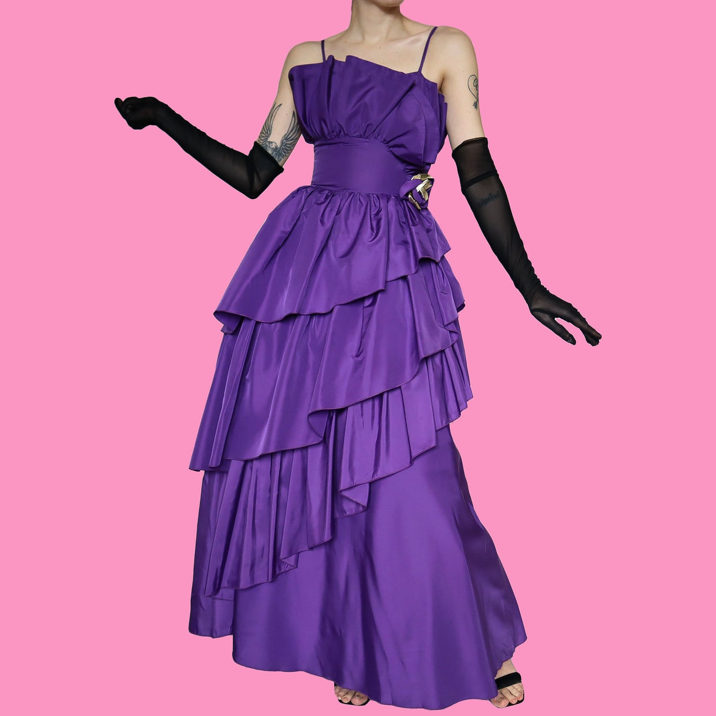 80s John Charles purple flared evening gown UK 12