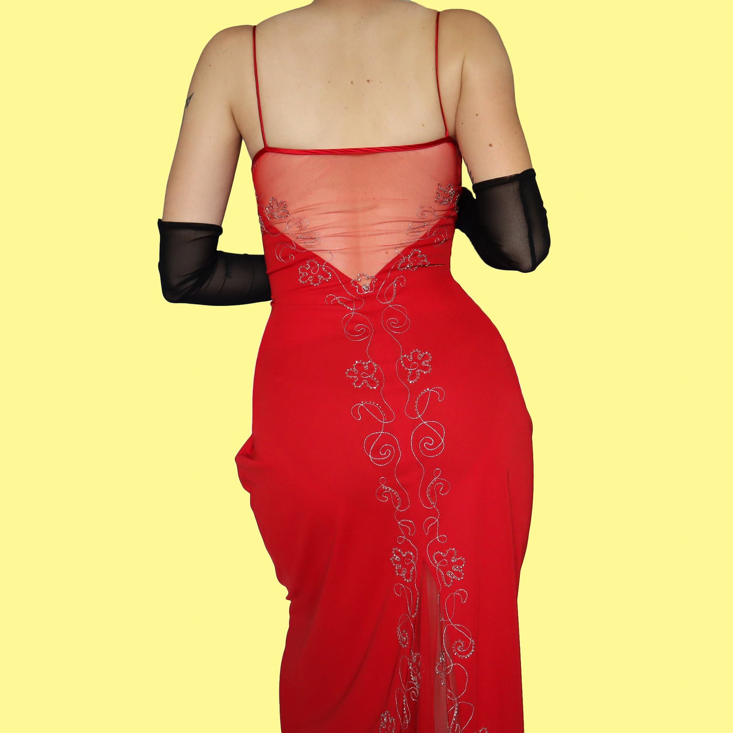 Red stretch embroidered evening dress UK 14-16