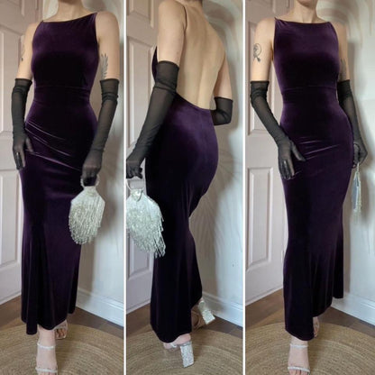 Purple velvet stretch low back evening dress UK 14