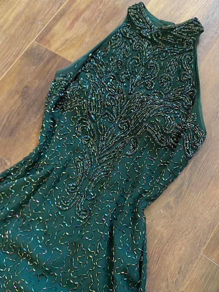 Forest green 100% silk high neck beaded dress uk 10