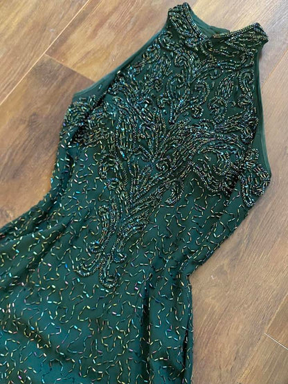 Forest green 100% silk high neck beaded dress uk 10