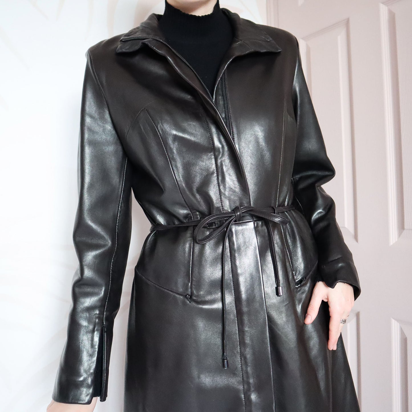 Black real leather long coat with belt UK 12