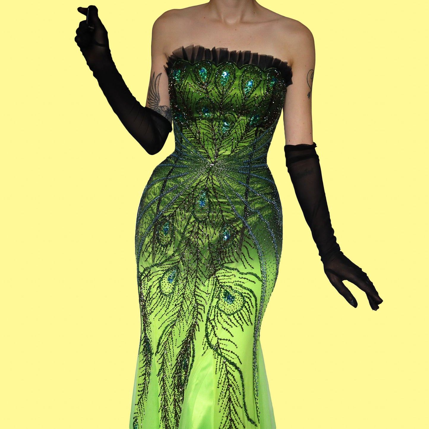 Electric green strapless heavily beaded evening dress UK 14-16